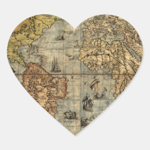 1565 Forlani Antique World Map Vintage Cartography Heart Sticker