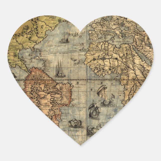 1565 Forlani AntiquevWorld Map Renaissance  Heart Sticker (Front)