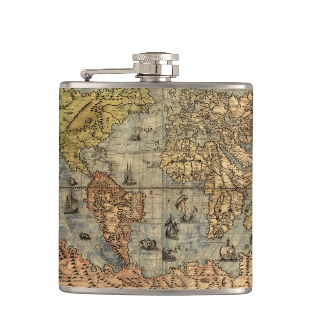 1565 Forlani AntiquevWorld Map Renaissance  Hip Flask (Front)