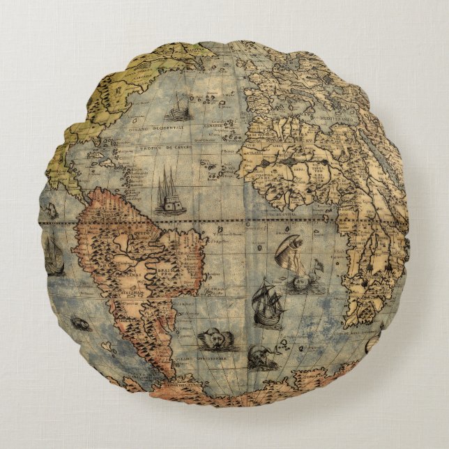 1565 Forlani AntiquevWorld Map Renaissance  Round Cushion (Front)