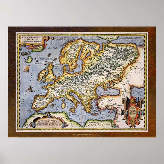 1595 Map of Europe by Abraham Ortelius Cartography Poster (Front)