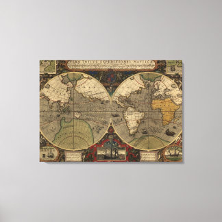 1595 Vintage World Map by Jodocus Hondius Canvas Print