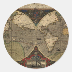 1595 Vintage World Map by Jodocus Hondius Classic Round Sticker