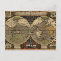 1595 Vintage World Map by Jodocus Hondius