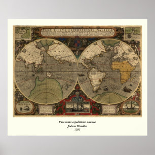 1595 Vintage World Map by Jodocus Hondius Poster