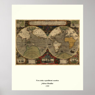 1595 Vintage World Map by Jodocus Hondius Poster