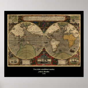 1595 Vintage World Map by Jodocus Hondius Poster