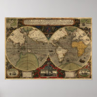 1595 Vintage World Map by Jodocus Hondius