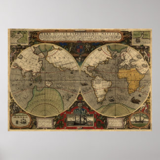 1595 Vintage World Map by Jodocus Hondius Poster