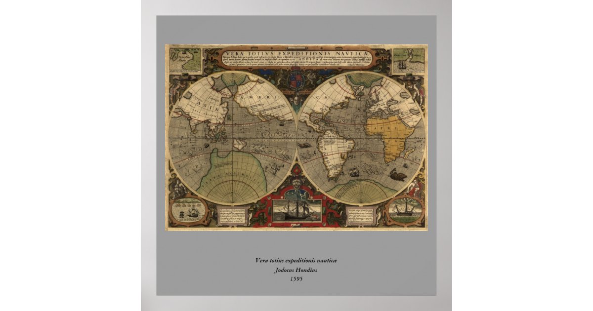1595 Vintage World Map By Jodocus Hondius Poster Zazzle