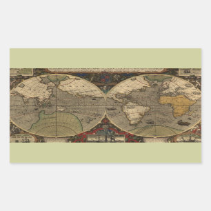 1595 Vintage World Map by Jodocus Hondius Rectangular Sticker