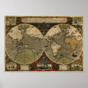 "1595 World Map of Hondius" Historic Map Poster
