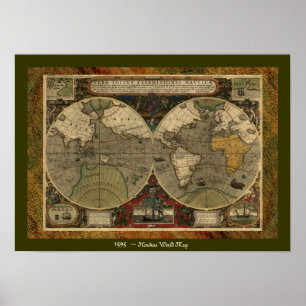 "1595 World Map of Hondius" Historic Map Poster