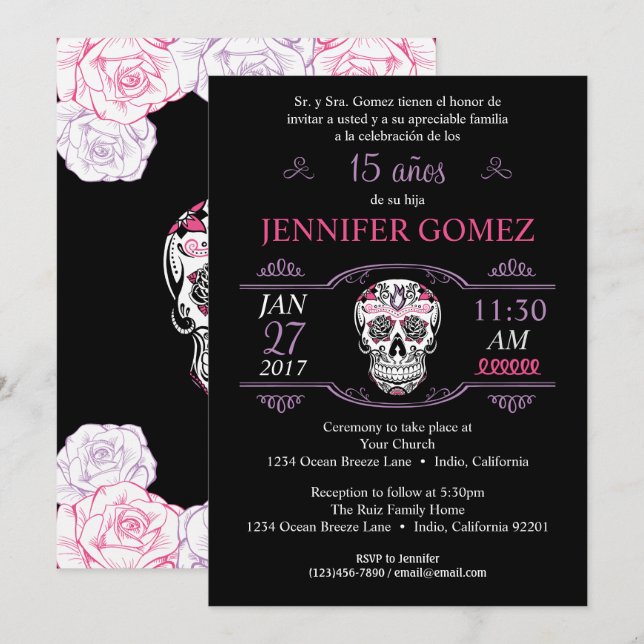 15 Años Quinceañera Birthday Sugar Skull Invite (Front/Back)