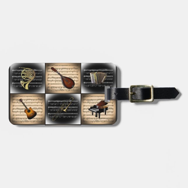 15 Musical Instruments ~ Sheet Music Background Luggage Tag (Front Horizontal)