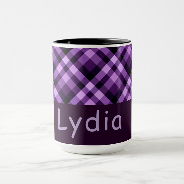 15 ounce Plum Purple Plaid Monogram Combo Mug (Center)
