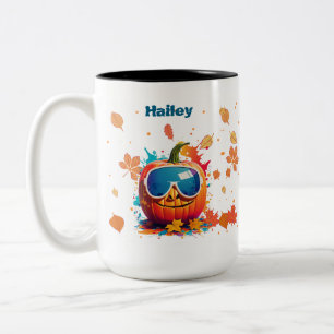 15 oz Fall Coffee Mug, Cool pumpkin with goggles Two-Tone Coffee Mug