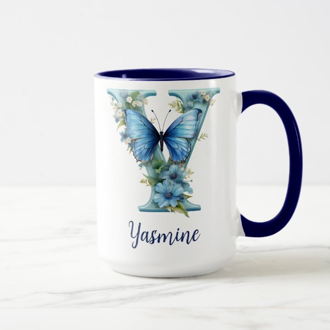 15 oz Floral Blue Monogrammed Coffee Mug (Right)