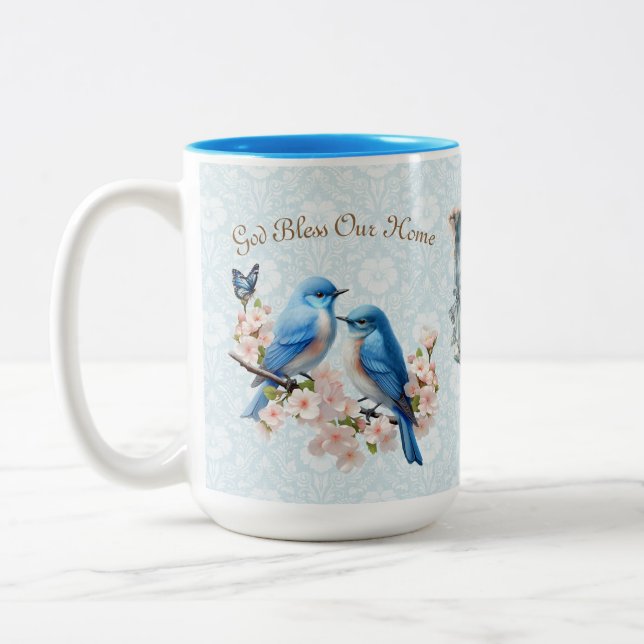 15 oz God Bless Our Home Bluebird Floral Damask Two-Tone Coffee Mug (Left)