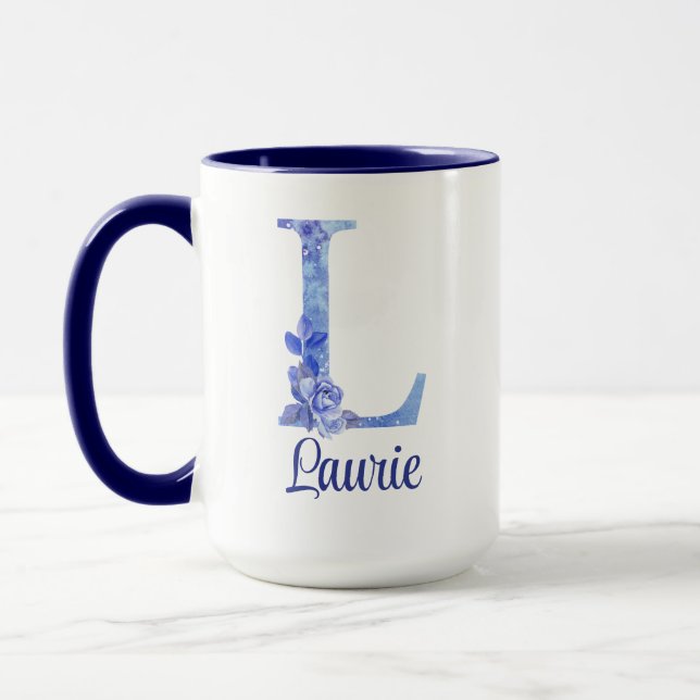 15 oz Monogrammed Watercolor Blues and Floral Mug (Left)