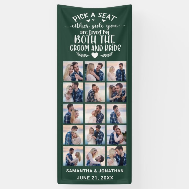 15 Photo Collage Green Welcome To Our Wedding Banner (Vertical)
