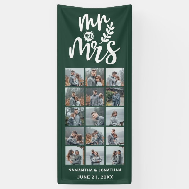 15 Photo Collage Green & White Mr. & Mrs. Wedding  Banner (Vertical)