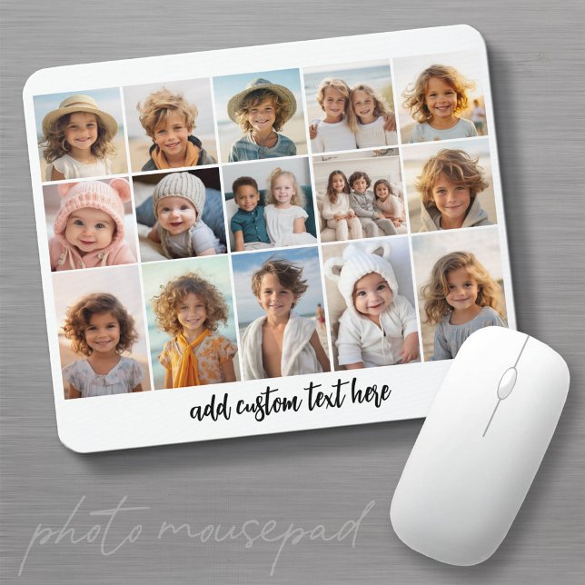15 Photo Collage Grid - Script Text - black white Mouse Mat (Photo Mousepad - Create a Great Gift with this template)