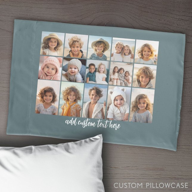 15 Photo Collage Grid - Script Text - blue Pillowcase (Create Your Own Photo Collage Pillowcase)