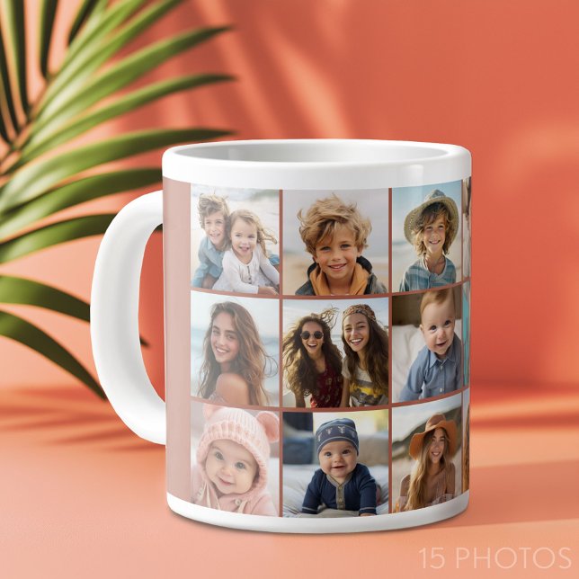 15 Photo Collage Grid - terra cotta Large Coffee Mug (Custom Photo Collage Mug)