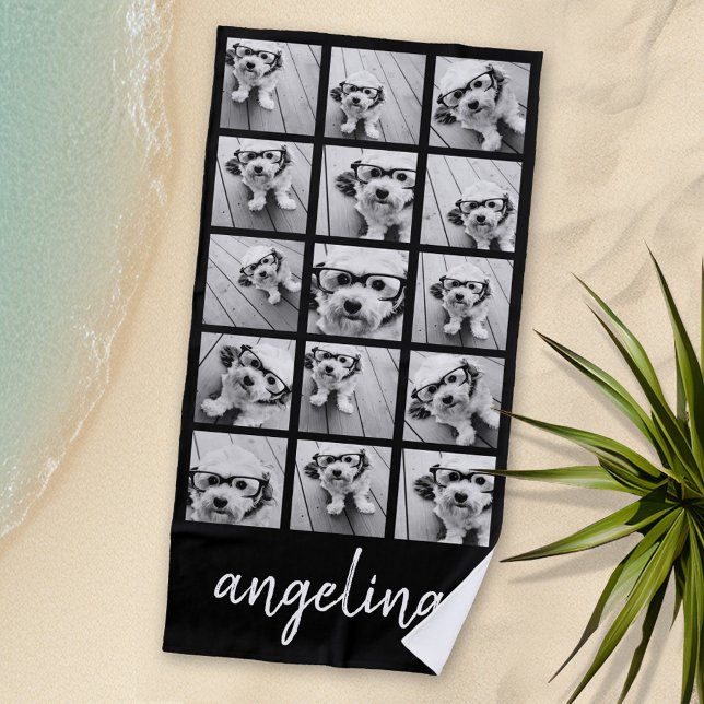15 Photo Collage with script name - black white Beach Towel (Personalized Beach Towel - Photo Collage -- Use Color or Black and White Photos)