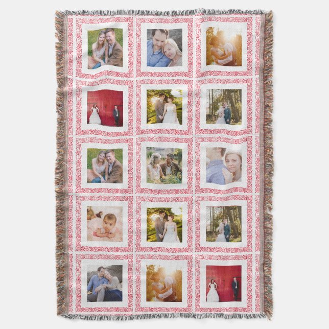 15 Photo Collage Wood Stamp Border Throw Blanket (Front Vertical)
