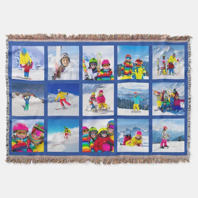 15 Photo Grid Collage Dark Blue Throw Blanket (Front)