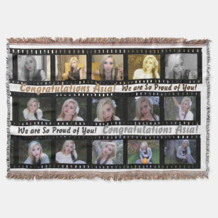 15 photographs in a "film strip" photo collage throw blanket