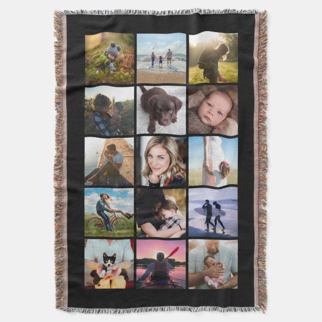 15 Square Photo Collage Keepsake Black Throw Blanket (Front Vertical)