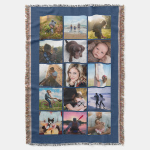 15 Square Photo Collage Keepsake Blue Throw Blanket