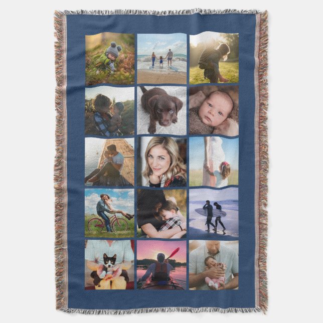 15 Square Photo Collage Keepsake Blue Throw Blanket (Front Vertical)