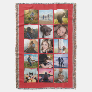 15 Square Photo Collage Keepsake Red Throw Blanket