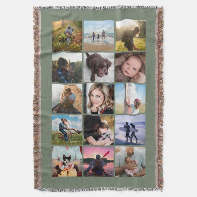 15 Square Photo Collage Keepsake Sage Throw Blanket (Front Vertical)