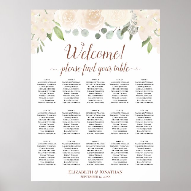 15 Table Blush Peach Roses Wedding Seating Chart (Front)