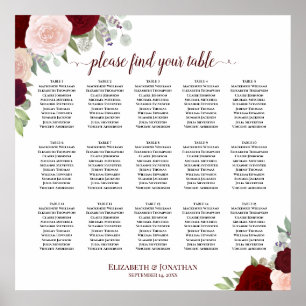 15 Table Burgundy Red & Pink Roses Seating Chart