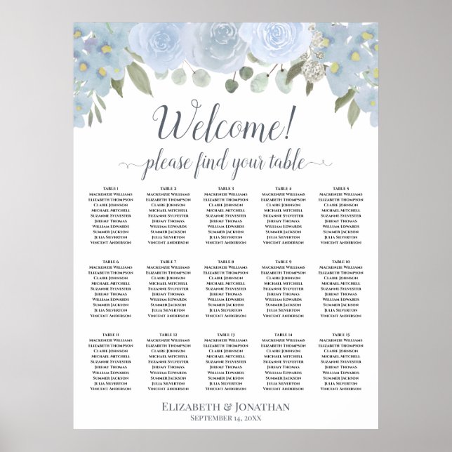 15 Table Dusty Blue Grey Roses Seating Chart (Front)