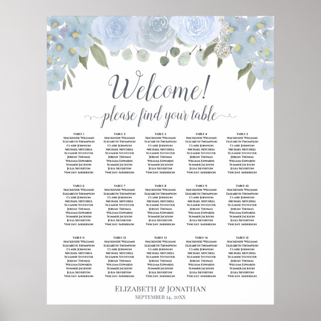 15 Table Dusty Blue Grey Roses Seating Chart (Front)