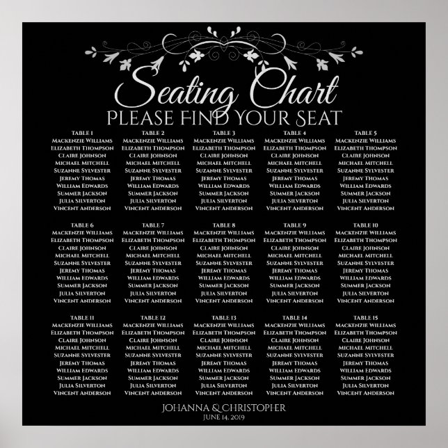 15 Table Elegant Black Wedding Seating Chart (Front)