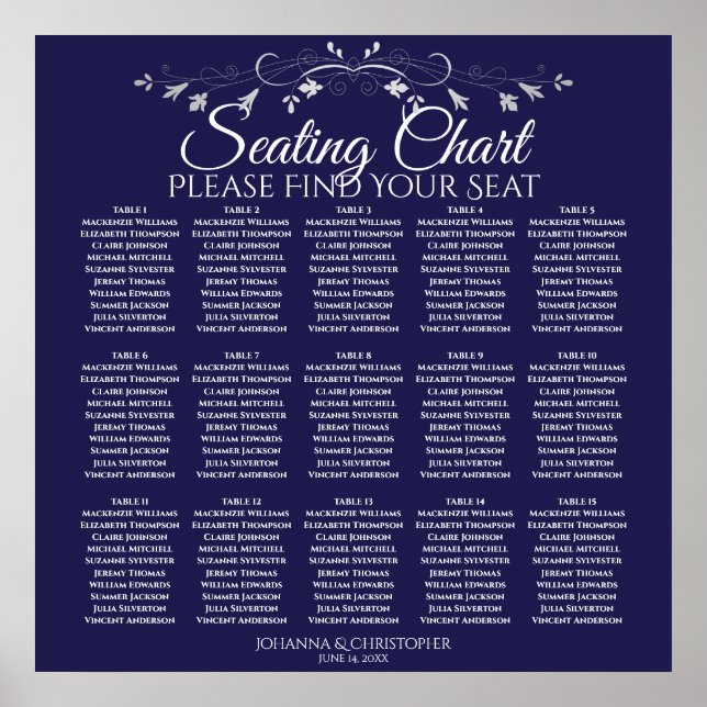 15 Table Elegant Navy Blue Wedding Seating Chart (Front)