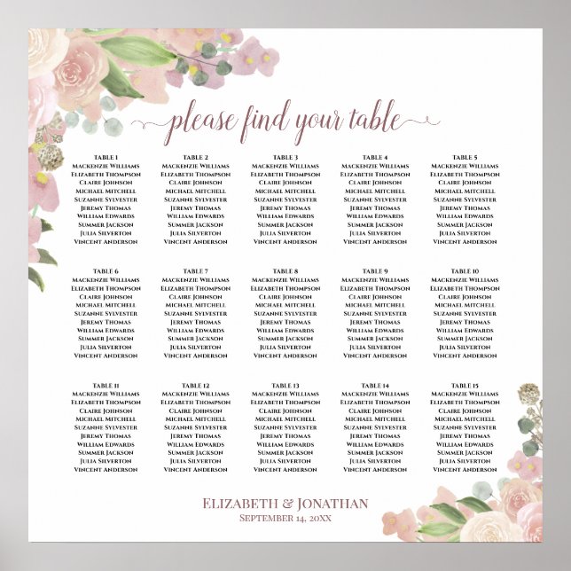 15 Table Elegant Pink Floral Wedding Seating Chart (Front)