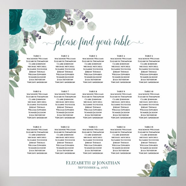15 Table Elegant Teal Roses Wedding Seating Chart (Front)