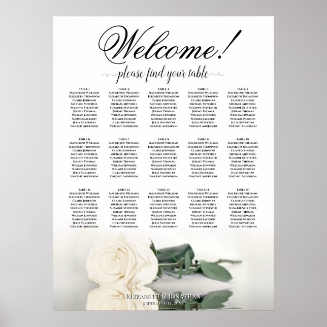 15 Table Elegant White Rose Wedding Seating Chart (Front)