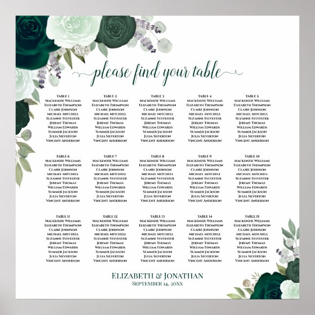 15 Table Emerald Roses Chic Wedding Seating Chart (Front)
