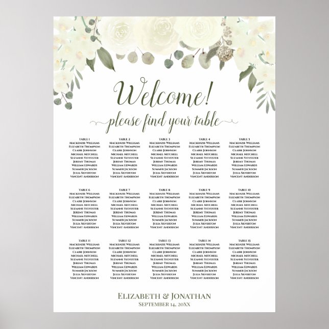 15 Table Ivory White Roses Wedding Seating Chart (Front)