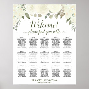 15 Table Ivory White Roses Wedding Seating Chart